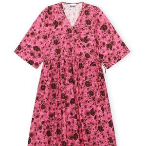 Ganni Shock Pink Floral Print Poplin Midi Dress